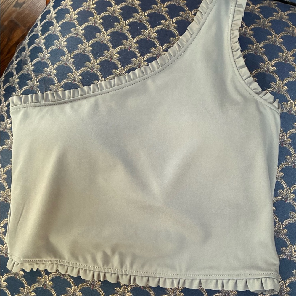 VASANA STEEL GREY One-Shoulder Ruffle Trim Top - Gray